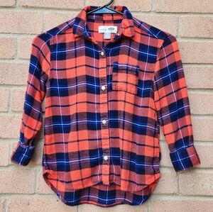 Old Navy Boyfriend Flannel Tunic Girl's Size Small (6-7) Blue Orange Plaid
